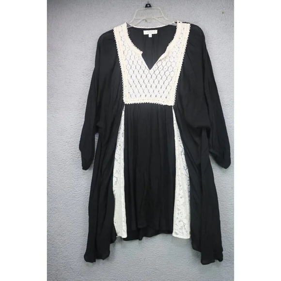Umgee Black & Ivory Lace Semi-Sheer A-Line Dress-Size XL-Asymmetrical Hemline - Picture 1 of 9